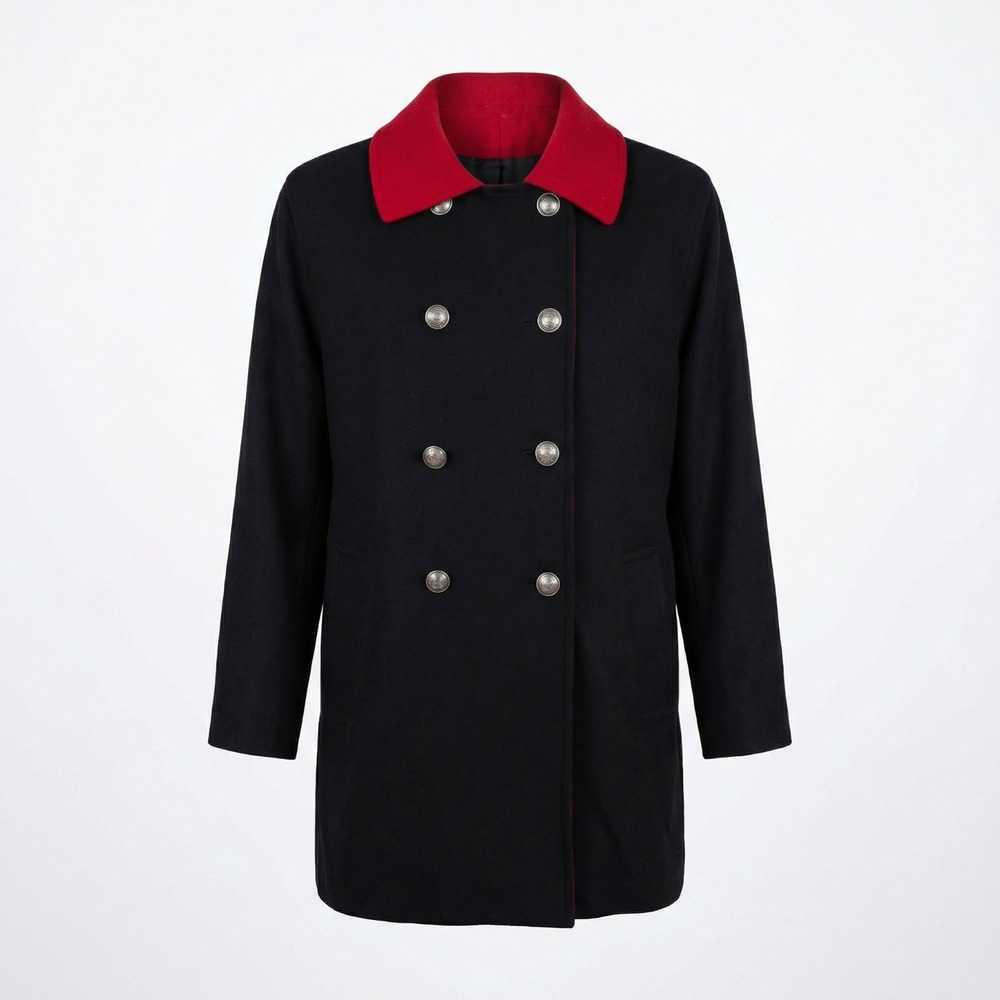 Vintage‎ Wool Black Red Collared Double Breasted Jacket Womens Size 10